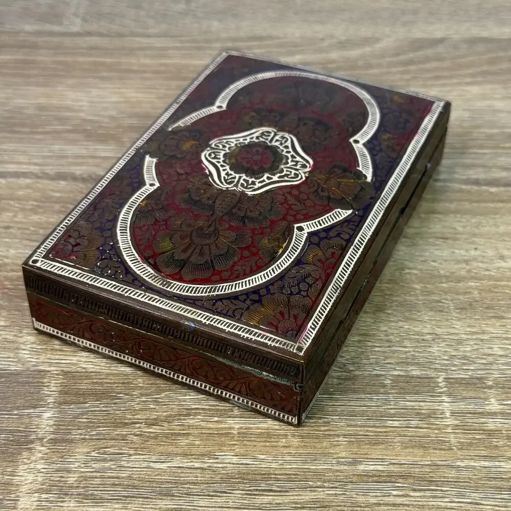 Vintage Brass Cigarette Holder Intricate Ornate Trinket Box Wood Lined